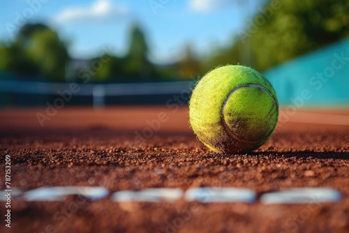 Professional Tennis Court with Ball on Clay Surface in Outdoor Sports Facility © Mickey