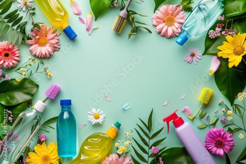 Various cleaning products and flowers arranged in a circle on a blue background