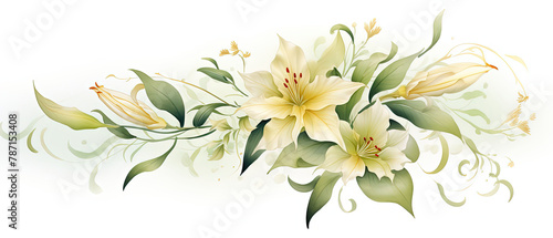 a white flower with green leaves on a white background © Masum
