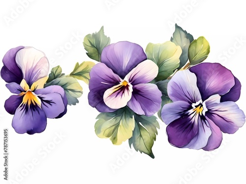 purple and white flowers, pansies painted with watercolors. delicate flowers for design