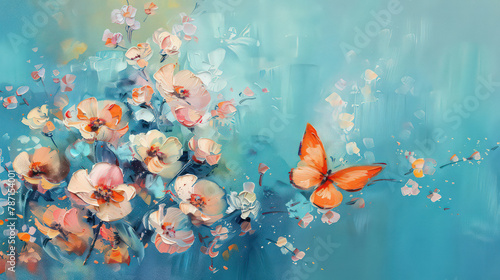 Cherry blossoms and butterfly. Oil painting. Beautiful Sakura flowers and a fluttering butterfly. Orange and blue tones