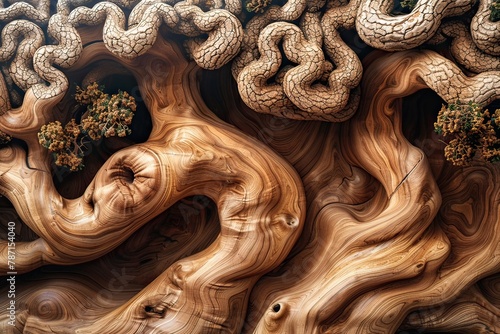 Abstract wooden sculpture resembling a tree trunk with intricate knots and branches photo