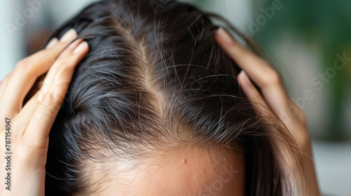 Woman examining her hair and scalp on blurred background