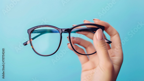 Woman holding glasses with black frame on light blue background