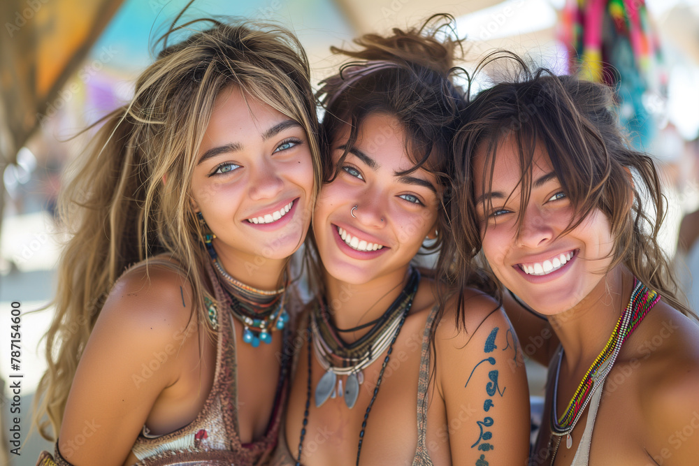 Joyful friends sharing smiles at a beach gathering Generative AI image Joyful friends sharing smiles at a beach gathering Generative AI image