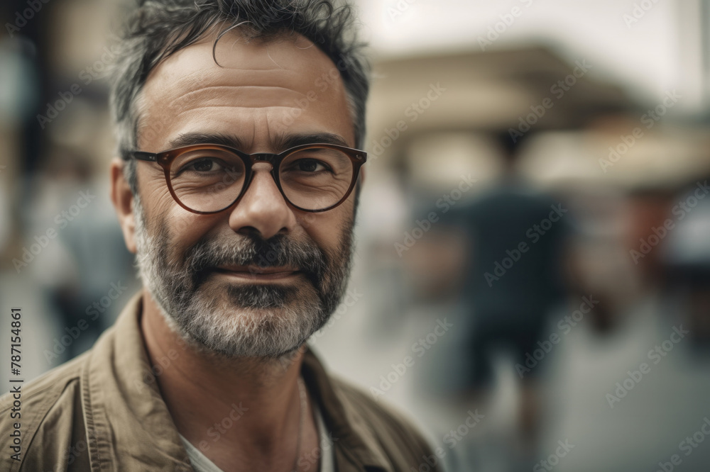 Generative AI illustration of mature man with glasses smiling gently in an urban setting