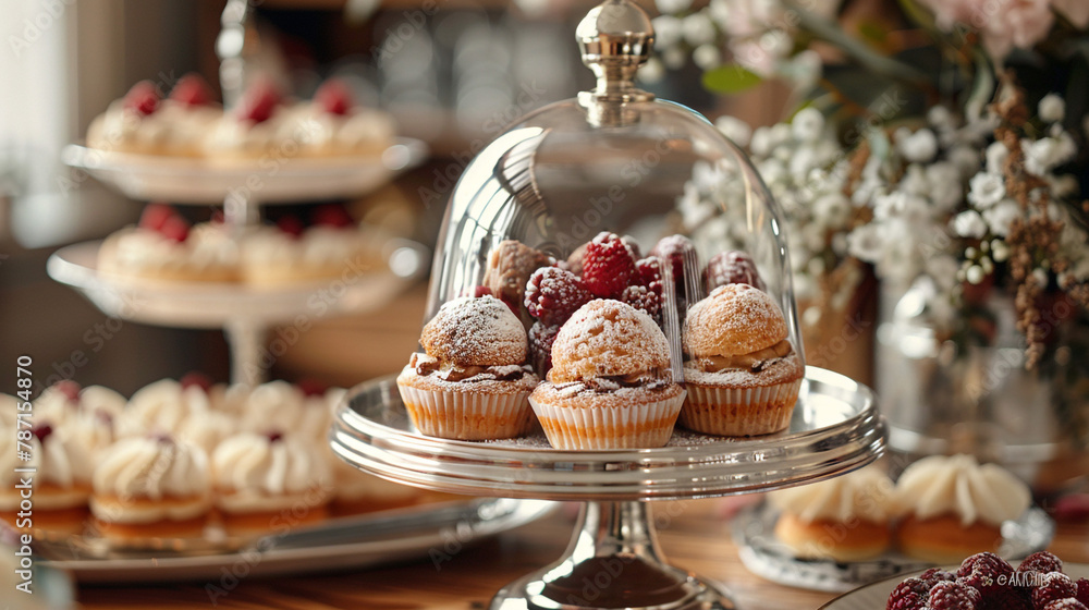 Sparkling sophistication meets practicality with a shiny silver cloche cut-out, perfect for showcasing desserts. 