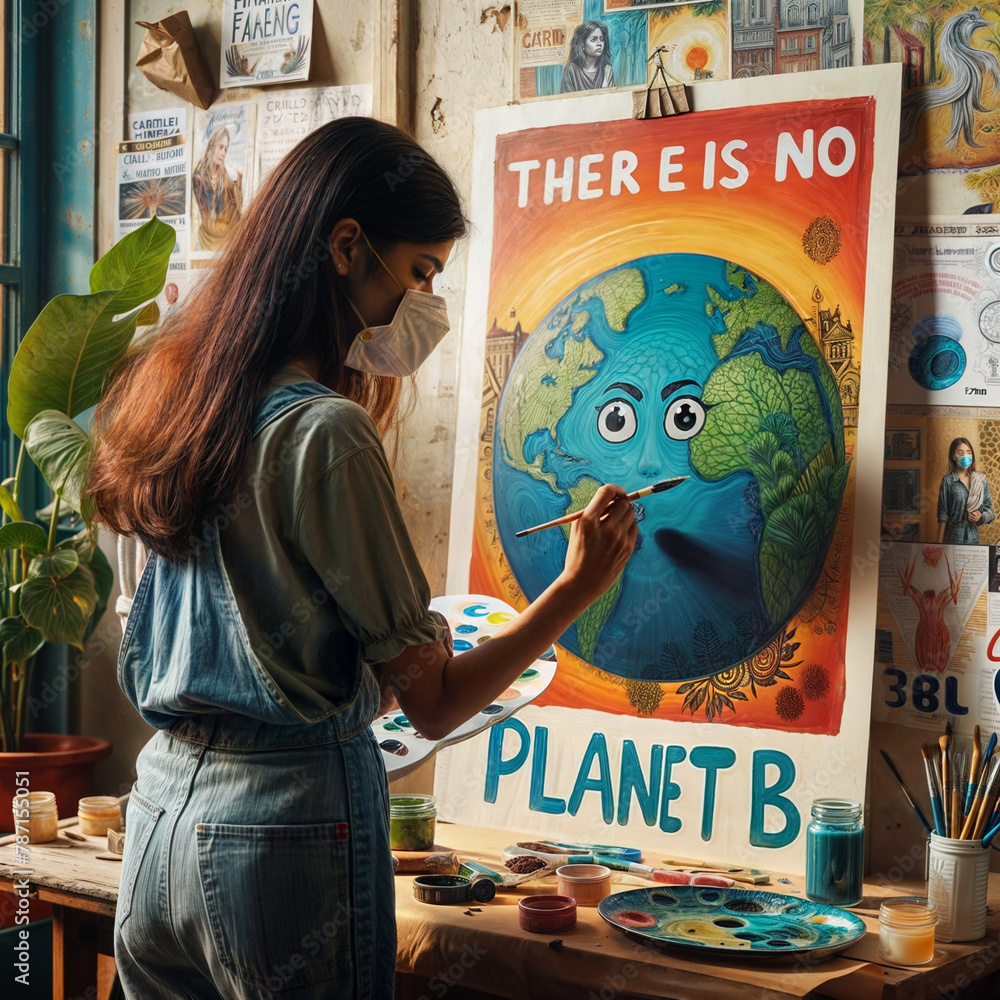 Woman painting a poster about the environment about There is No PLANET B for earth , environment day created with generative ai	 - obrazy, fototapety, plakaty 