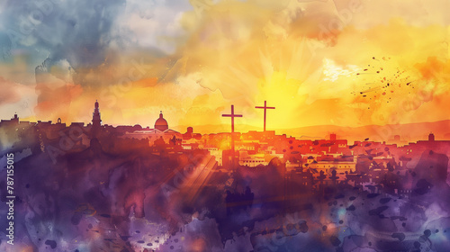 Crosses for Crucifixion on the hill at Golgotha. Digital art. v2 photo