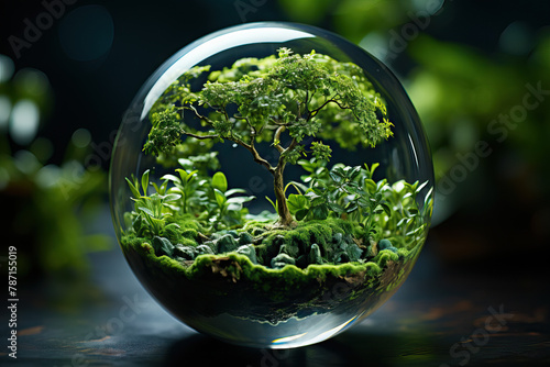Miniature forest ecosystem inside a glass sphere Generative AI image photo