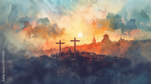 Crosses for Crucifixion on the hill at Golgotha. Digital art. v1 photo