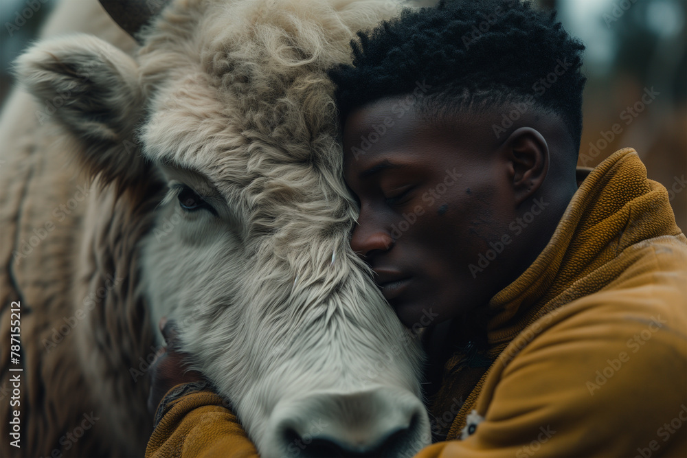 Intimate moment between man and cow in natural setting Generative AI image Intimate moment between man and cow in natural setting Generative AI image