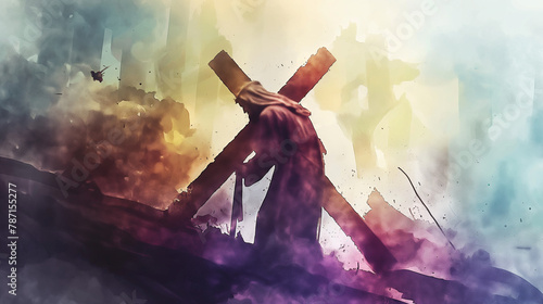 Jesus of Nazareth takes up his cross. Digital Watercolor.  photo
