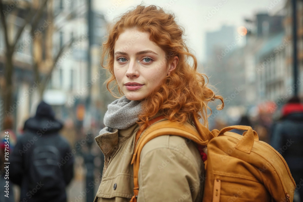 Young woman with red curly hair exploring the city Generative AI image Young woman with red curly hair exploring the city Generative AI image
