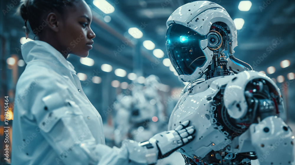 Black woman and robot interaction in futuristic setting. Generative AI image Black woman and robot interaction in futuristic setting. Generative AI image