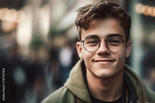 Generative AI illustration of cheerful young man with glasses smiling in a bustling city environment