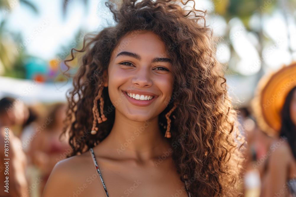 Radiant young woman with curly hair enjoying summer Generative AI image Radiant young woman with curly hair enjoying summer Generative AI image