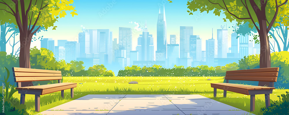 Cartoon illustration Summer park against cityscape background with wooden benches. generative ai