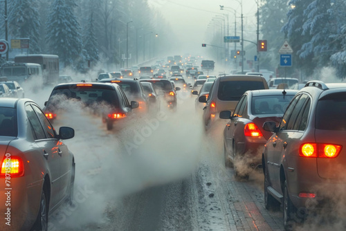 Winter Traffic Jam with Cars Emitting Exhaust Smoke Generative AI image