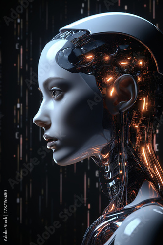 Generative AI illustration of side profile of a female android with intricate circuitry and glowing elements, embodying futuristic AI design