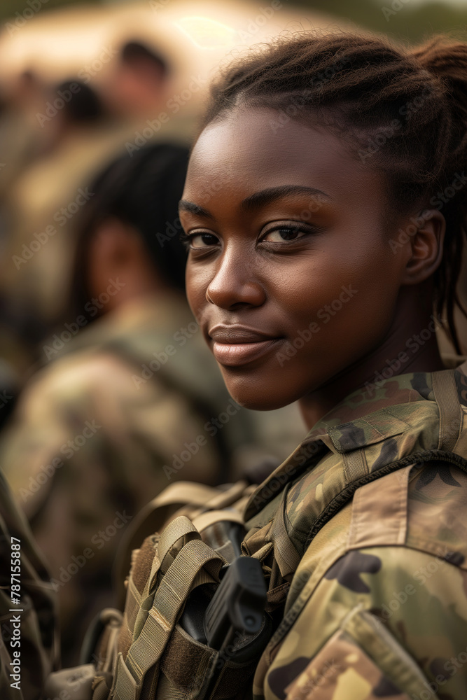 Fototapeta premium Confident female soldier smiles in camouflage uniform Generative AI image