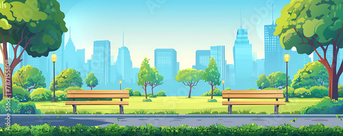 Cartoon illustration Summer park against cityscape background with wooden benches. generative ai