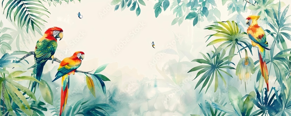 Tropical background with birds. Exotic landscape in hand-drawn wotercolar style. Luxury wall mural. Wallpaper with leaves and flowers.