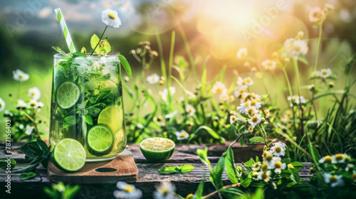 Mojito cocktail, picnic in beautiful countryside