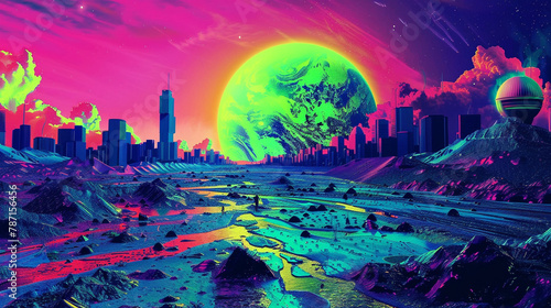 Futuristic Cityscape with Neon Colors and Large Moon
