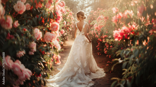 bride walking in the flover park photo