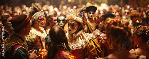 A festive masquerade ball in Verona, richly detailed Renaissance attire, guests in masks, Romeo spots Juliet across the crowded room