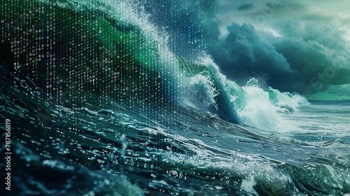 combination of nature and the world of technology. ocean with high waves like Matrix-style programming code falling