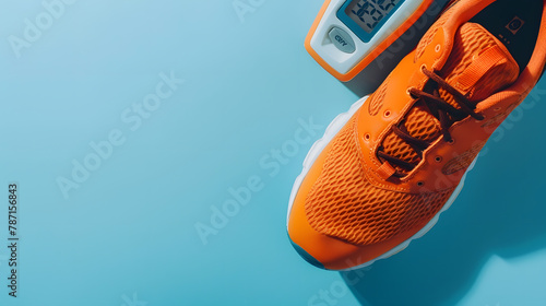 Orange sneakers with a glucometer to measure blood sugar on a blue background Lifestyle and exercise in diabetes : Generative AI photo