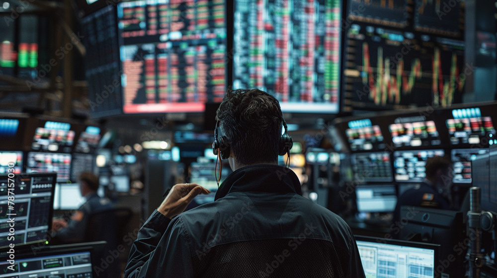 Stock Trader Monitoring Financial Data on Screens, A high-energy trading floor scene, a financial analyst in the zone Stock Trader Monitoring Financial Data on Screens, A high-energy trading floor scene, a financial analyst in the zone