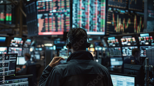 Stock Trader Monitoring Financial Data on Screens, A high-energy trading floor scene, a financial analyst in the zone