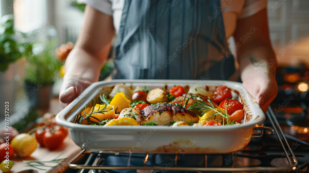 Woman taking baking dish with delicious fish and vegetables