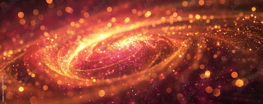 An abstract background with Dark red, orange and gold particle. Christmas Golden light shine particles bokeh on navy blue background. A swirl rhythm, Gold foil texture. Holiday concept. 