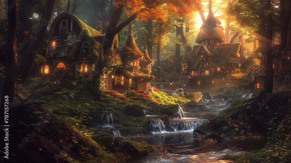 An enchanted forest with cute hobbit houses by a beautiful stream with little waterfalls, fairyland concept