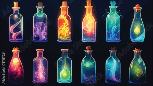 Potion bottles with colorful liquids each with myster