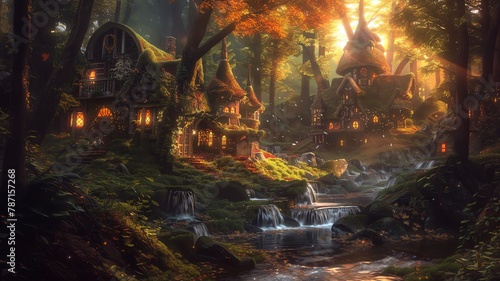 An enchanted forest with cute hobbit houses by a beautiful stream with little waterfalls, fairyland concept