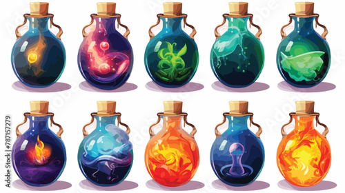 Potion bottles with magic elixir and tags cartoon gla photo