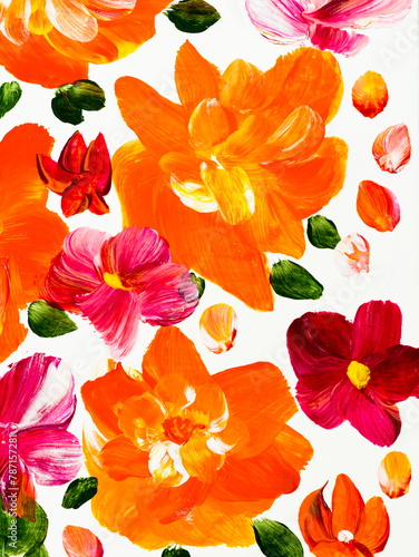 Abstract red and orange flowers, original hand drawn, impressionism style, color texture, brush strokes of paint, art background.