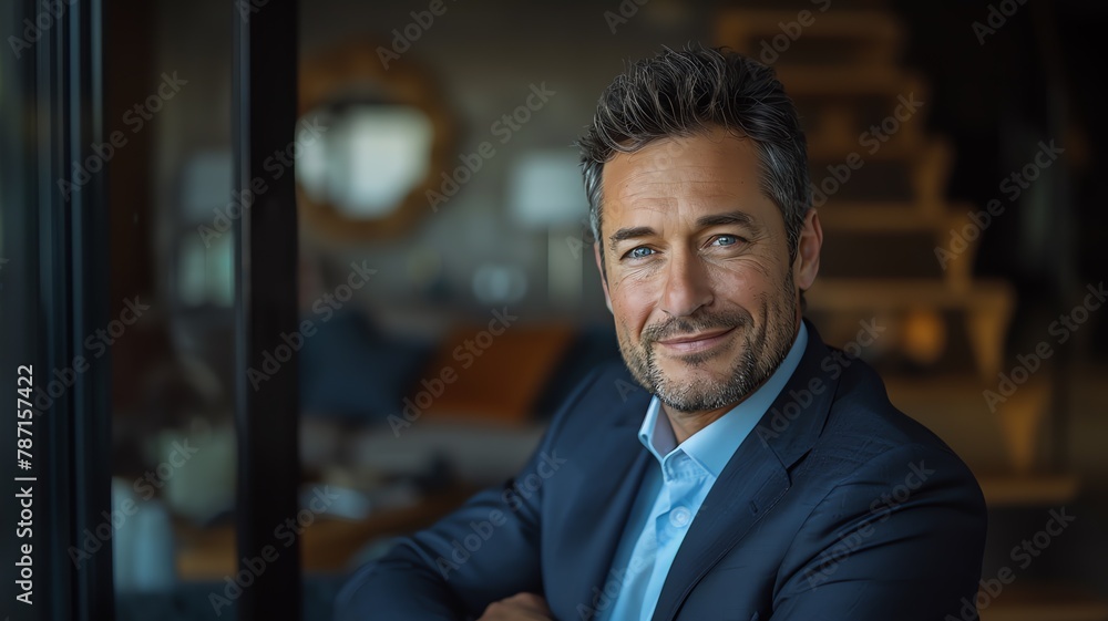 Obraz premium image of attractive confident 40 year old businessman, model appearance, CEO, copy space for text