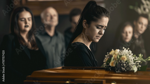 Woman crying near the coffin, funeral scene