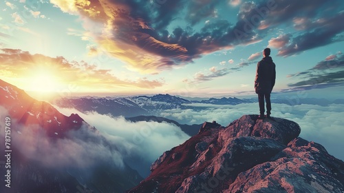 A man looking out over the mountains above the clouds, standing on a mountain peak, stunning, beautiful sky