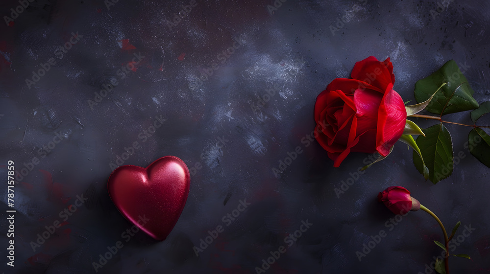Valentine day composition with rose flower and red heart on table Top view flat lay copy space Holiday concept : Generative AI Valentine day composition with rose flower and red heart on table Top view flat lay copy space Holiday concept : Generative AI