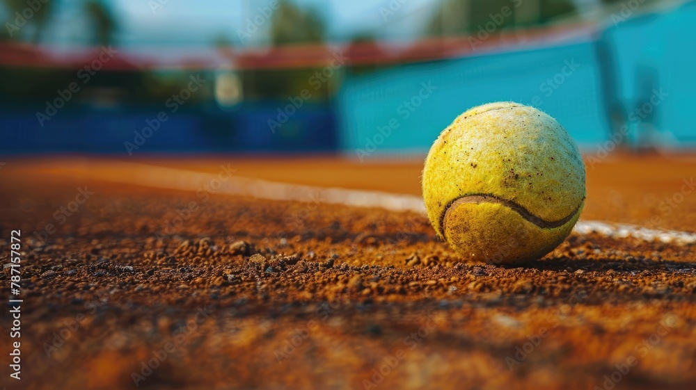 Yellow Tennis Ball on Clay Tennis Court with Net and Scoreboard in the Background