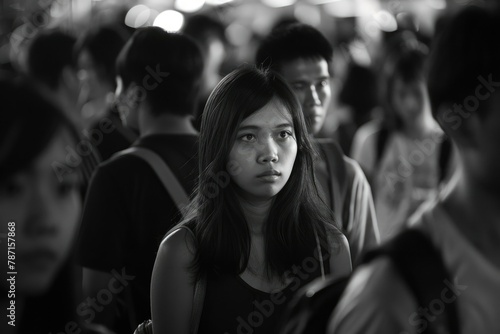 Young woman standing in thoughtful pose amid a crowded city street at night,capturing the contemplative mood and atmosphere of urban life