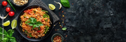 Vibrant Pad Thai Noodle Dish with Assorted Fresh Vegetables and Spices on Dark Rustic Background with Copy Space