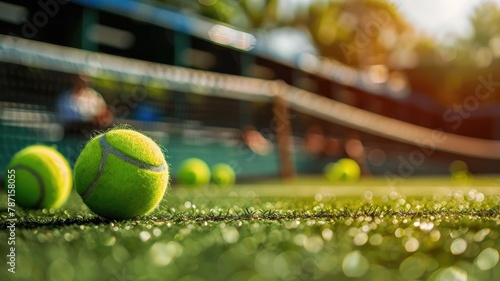 Vibrant Tennis Court with Green Grass and Scintillating Tennis Balls Ready for Play © Mickey